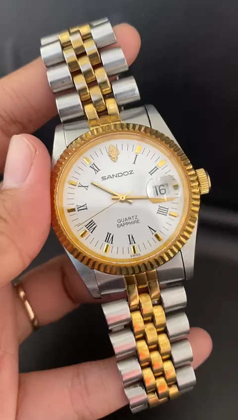 RARE Sandoz Quartz TwoTone Sapphire White Dial Roman Date Swiss