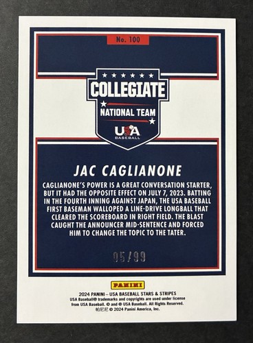 Estrellas y rayas Panini 2024 - (Jac Caglianone) punto púrpura (5/99) Royals #100 - Imagen 2 de 3