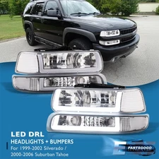 For 99-02 Chevy Silverado Tahoe LED DRL Chrome Headlights + Signal Assembly Lamp