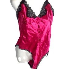 Vintage JCPenney Delicates Pink Satin Black Lace Teddy Bodysuit Size M New