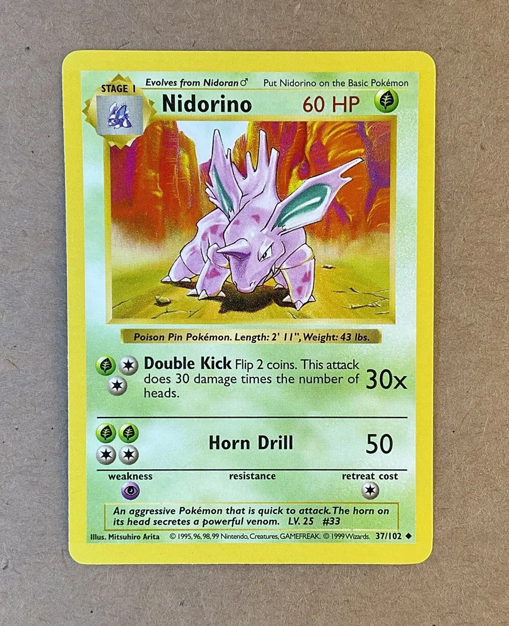 🍃 1999 Shadowless Nidorino Base Set 37/102 Pokémon TCG Uncommon NM-LP