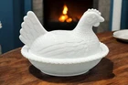 Indiana Glass Hen On Nest Chicken Candy Dish Lid Bowl Beaded White Milk Bird Vtg