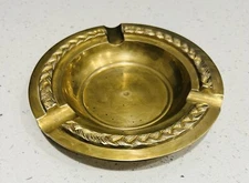 Vintage MCM Brass  Ashtray With Ornate Etched Rope Design Round