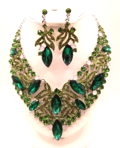 JEWELRY SET- Luxury Rhinestone Green Statement Necklace and Earrings Set