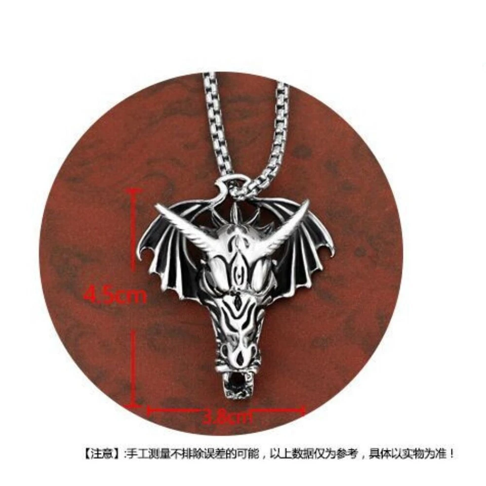 Collar de motociclista gótico de acero inoxidable con colgante de dragón alas de cuerno de ojo de circonita negra para hombre Foto 4 de 4