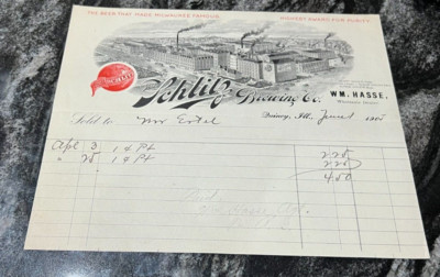 1905 PRE-PRO SCHLITZ BEER BREWERY SCENE BILLHEAD HASSE QUINCY IL MILWAUKEE WI
