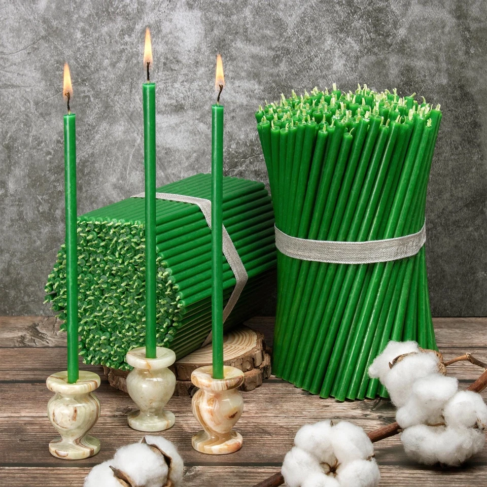 Velas rituais de cera de abelha verde Diveevo 50 peças 6,3"x0,2" sem gotejamento sem fumaça 30min  - Imagem 2 de 4