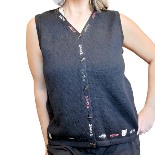 Y2K Black Kitty Cat Novelty Sweater Vest Medium Ornate Buttons Ramie Cotton