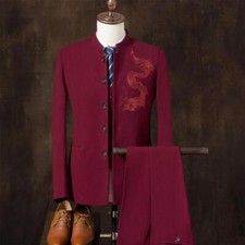 2pc Suit Mens Embroidery Blazer Pants Chinese Wedding Dress Casual Elegant Retro