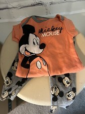 Disney Baby 2 Piece Set Orange/Gray Mickey Mouse Themed EUC Baby Size 0-3 Months