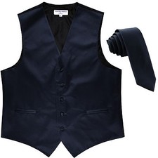 New Men's Solid Tuxedo Vest Waistcoat  1.5" Skinny Neck tie Navy Blue wedding