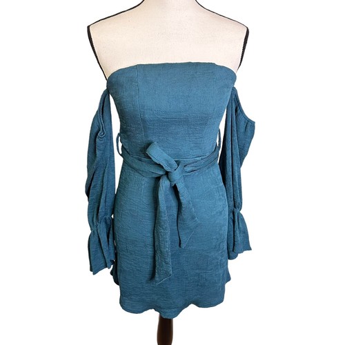 Selfie Leslie Off-Shoulder Dress Small Teal Bell Sleeve Mini Dress Party Elegant - Picture 5 of 10