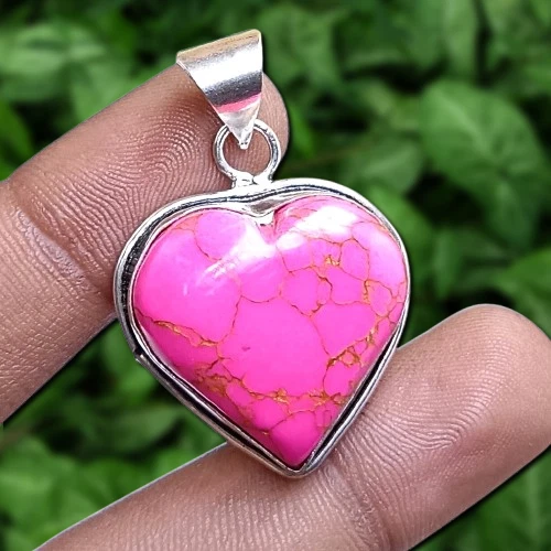 Pink Copper Turquoise Gemstone Heart Pendant 925 Sterling Silver Plated Jewelry