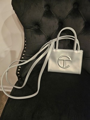 Telfar Small Silver Shopping Bag Crossbody w/ Logo Accents & Original Dust Bag