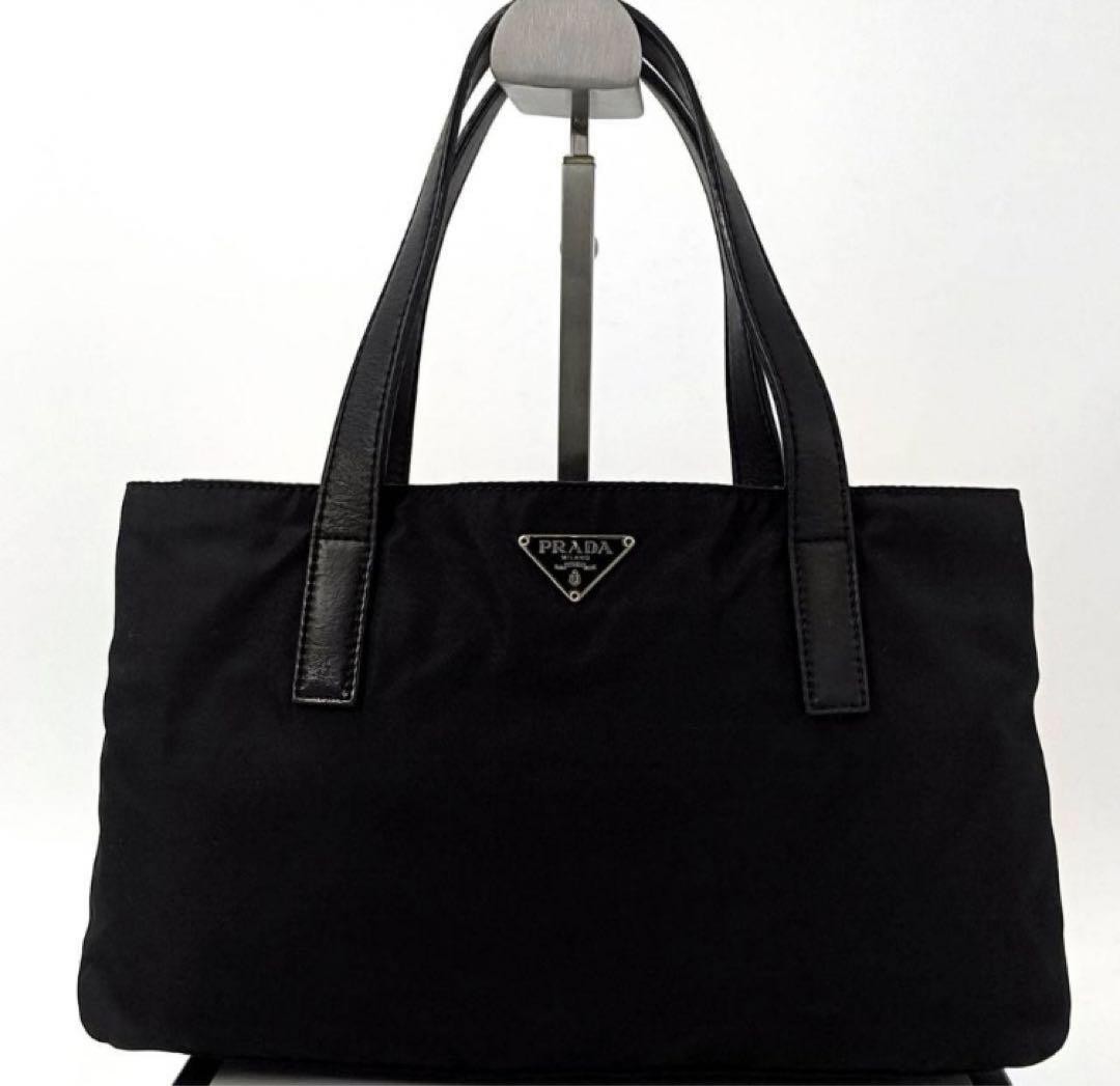 Prada Tote Bag Mini Triangle Logo Nylon Leather Black Used