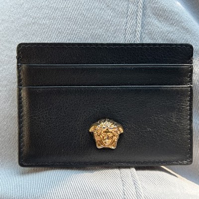 Versace La Medusa Black Pebbled Leather Card Holder Wallet Gold Logo New