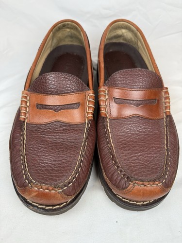 LL BEAN Allagash Bison Leather Loafer Brown Moc Boat Shoes MENS 9.5EE WIDE - Picture 3 of 8