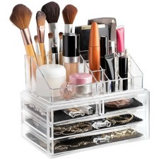 Clear Makeup Organizer: 16-Compartment Cosmetic  Jewelry Holder with Drawers