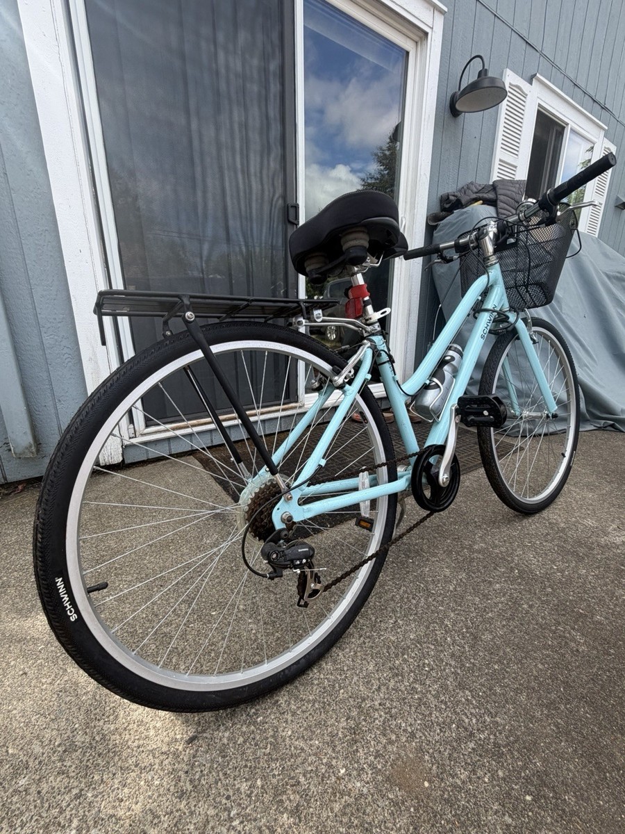 Schwinn Light Blue Women's City Bike 700C Basket Rear Rack Schwinn Light Blue Women's City Bike 700C Basket Rear Rack