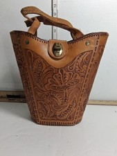 Vintage 70's Tooled Leather Bucket Purse Hippy Boho Western Cowgirl Country 42D