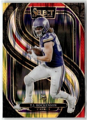 T.J. Hockenson 2024 Panini Select Yellow & Red Prizm Shock Premier Level