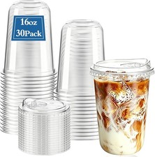 Clear Plastic Cups with Lids - 30 Pack 16 Oz Disposable Iced Coffee Cups with