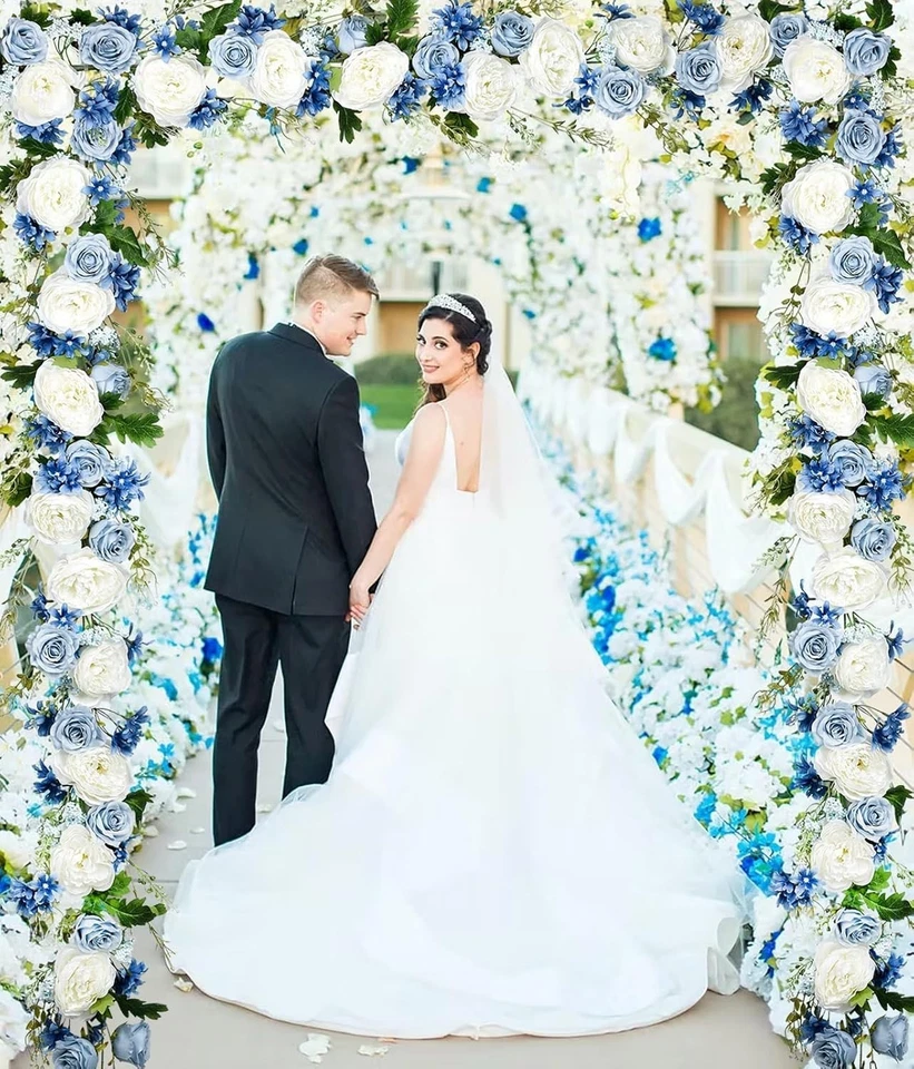 Guirnalda De Peonías Artificiales, 12 Pasteles Color Blanco Y Azul Y Azul Oscuro NUEVO Foto 3 de 4