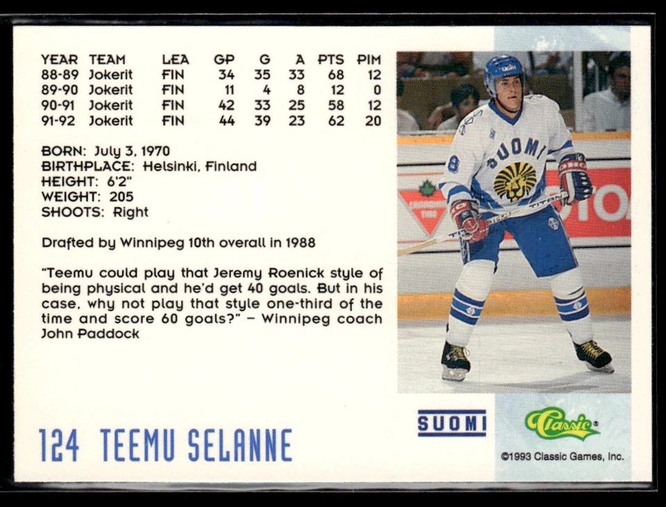 1993 Classic '93 Hockey Draft #124 Teemu Selanne Hockey Card 1101Q - Image 2 of 2