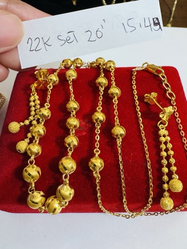 Pure New 22K 916 Real Yellow Gold 20” Long Balls Earring & Necklace 4/6mm 15.4gr - Picture 7 of 22