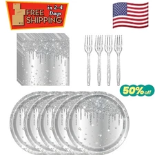 72 Pcs Silver Glitter Party Paper Plates Set - Disposable Plates, Napkins & Fork