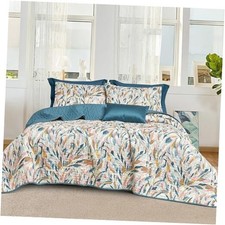 Floral Cotton Quilt 3Pcs Pattern on White, Queen 90" x 96" Muticolor Leaves