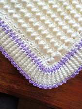 Handmade crochet baby receiving blanket white with purple trim unisex