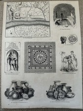 Antique Print Roman London Bath c1860s Coins Statues Archaeology Victorian