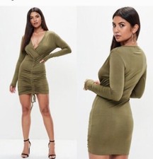 BNWT Missguided Khaki Slinky Plunge Wrap Gathered Front Mini Dress UK 10