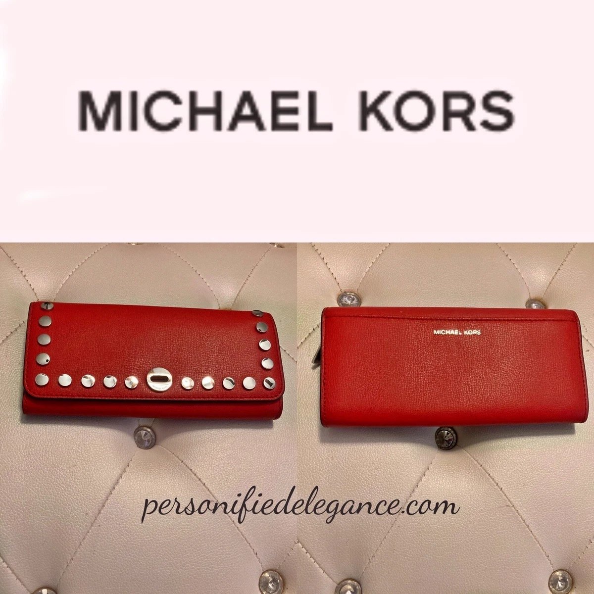 Michael Kors Rivington Large Silver Stud Bright Red Leather Wallet $145