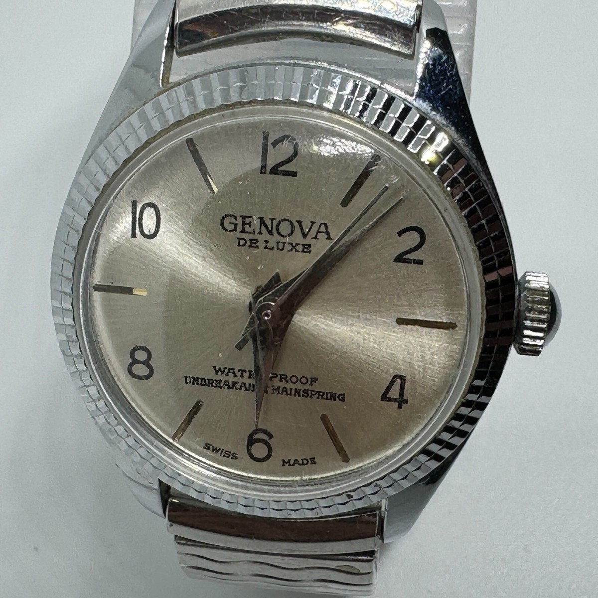 VTG Genova Swiss Hand-Winding Watch Men Silver Fluted Bezel