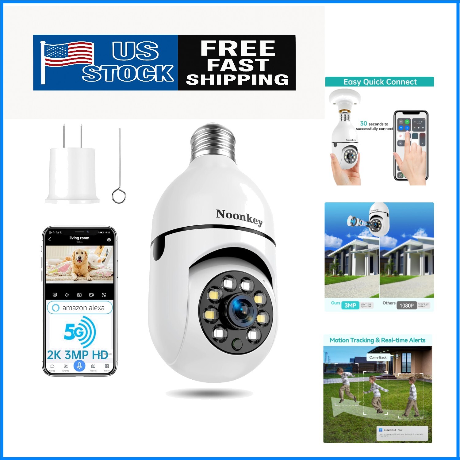 2K/3MP Light Bulb Security Camera with 360° View Alexa