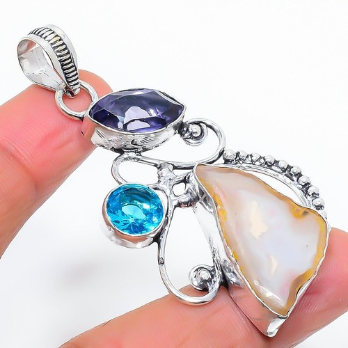 Botswana Druzy, Iolite Gemstone 925 Sterling Silver Jewelry Pendant 1.97" j725