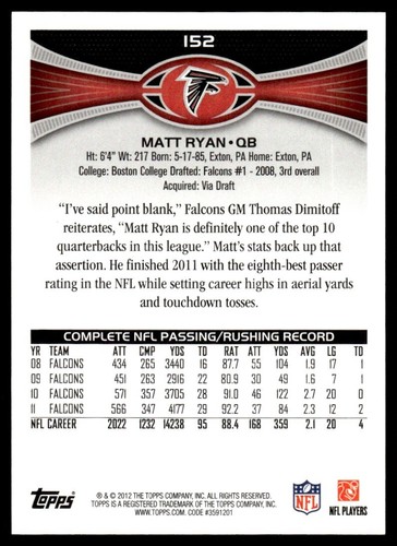 2012 Topps #152 Matt Ryan Atlanta Falcons Boston College - Picture 2 of 2