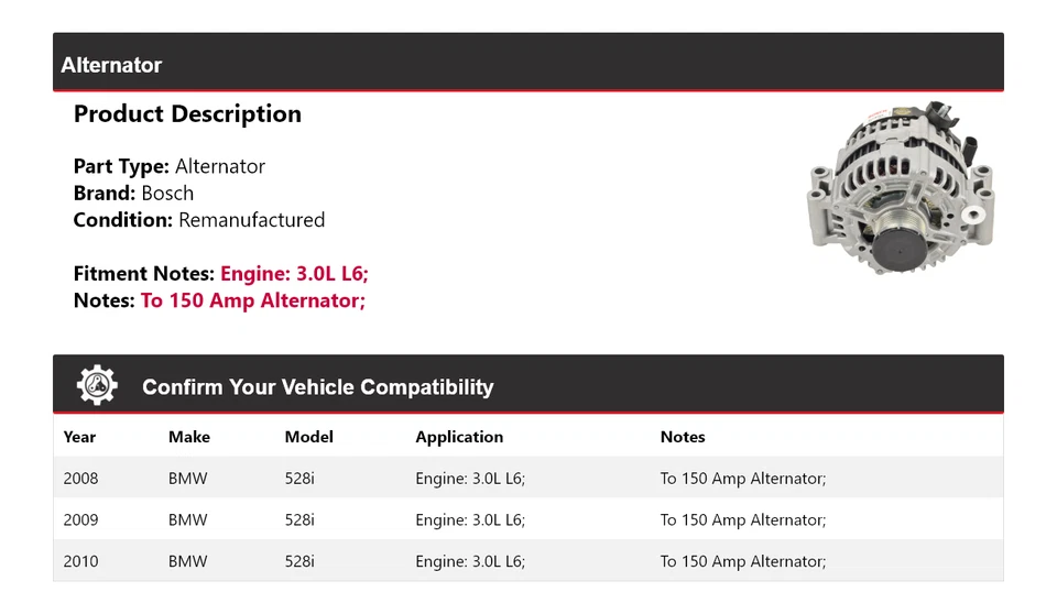 For 2008-2010 BMW 528i 3.0L L6 Bosch Alternator (Remanufactured) 2009 Foto 2 de 4