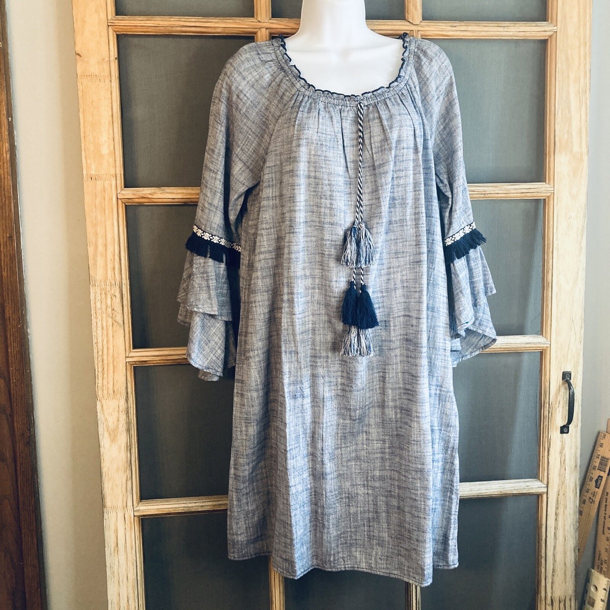 NWT Style Co, Woman's BOHO Casual Dress, Bell Sleeves, Blue Chambray,  Medium
