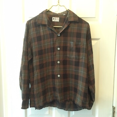 vtg MACY'S Kempton shadow plaid Shirt 1950-60s Rayon Rockabilly