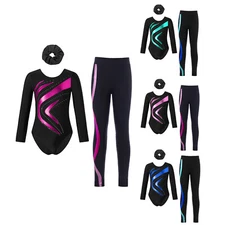 Kids Girls Leotard And Pants Ballet Rompers Show Jumpsuit Long Sleeve Bodysuit