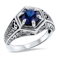 CLASSIC ART DECO STYLE 925 STERLING SILVER LAB-CREATED SAPPHIRE RING    1096Z