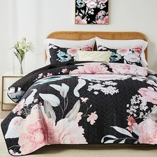 Floral Quilt Set King Size, Khaki Botanical King Bedspread Bedding Sets Soft ...