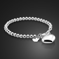 925 Sterling Silver 4mm/6mm Bead Chain Bracelet with Heart/Ball for Girls Women