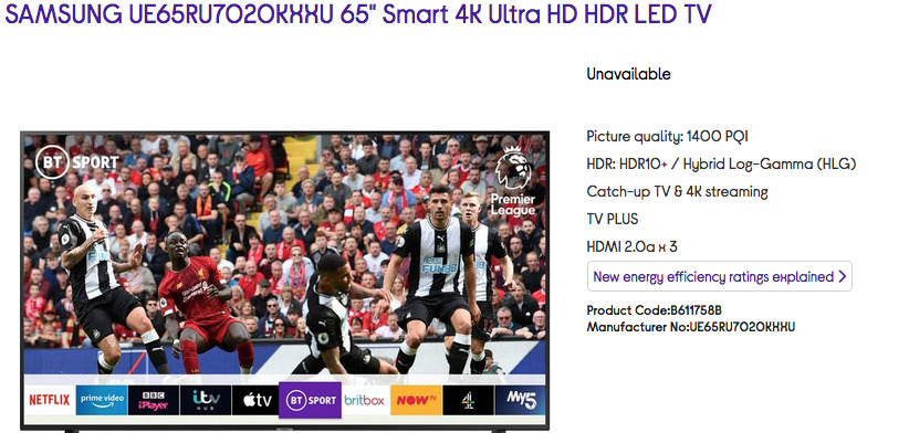 SAMSUNG UE65RU7020KXXU 65 pollici LED 4K ULTRA HD SMART TV
