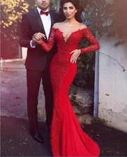 Sexy Mermaid Illusion Neck Long Sleeves Formal Evening Dress Pageant Prom Gowns