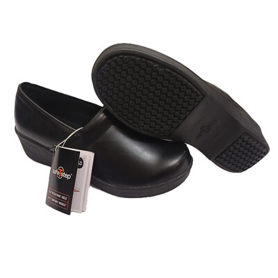 Safe T Step Womens 9.5 Wide Slip Resistant Slip On Work Clogs Black Shoes NWT