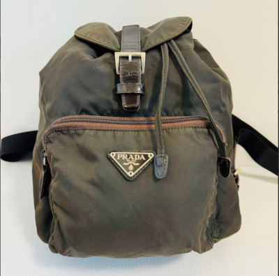 PRADA VELA Nylon Triangle Logo Backpack B4650F Khaki From JAPAN